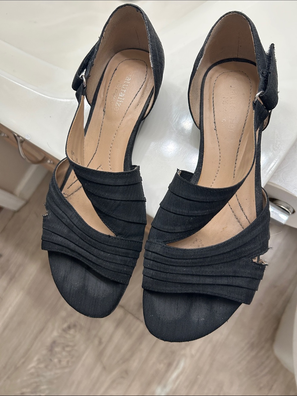 Naturalizer Black Crisscross Wrap Slide Sandals with adjustable strap.